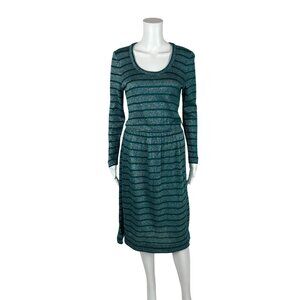 Vintage 70s Sweater Dress Women's Small Turquoise Silver Metallic Striped Sheath